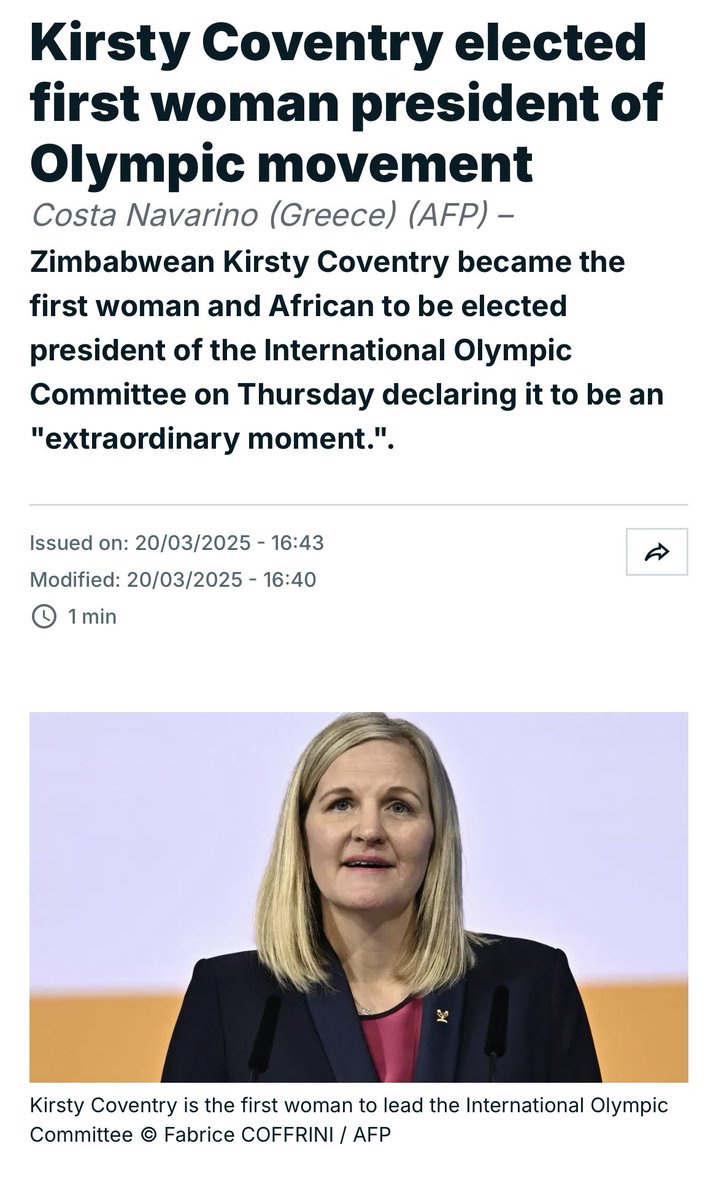 Le temps est venu. Mme Kirsty Coventry est élue nouvelle présidente du comité international olympique dans un vote historique. Première femme de l’histoire à accéder à ce poste. Bravo!