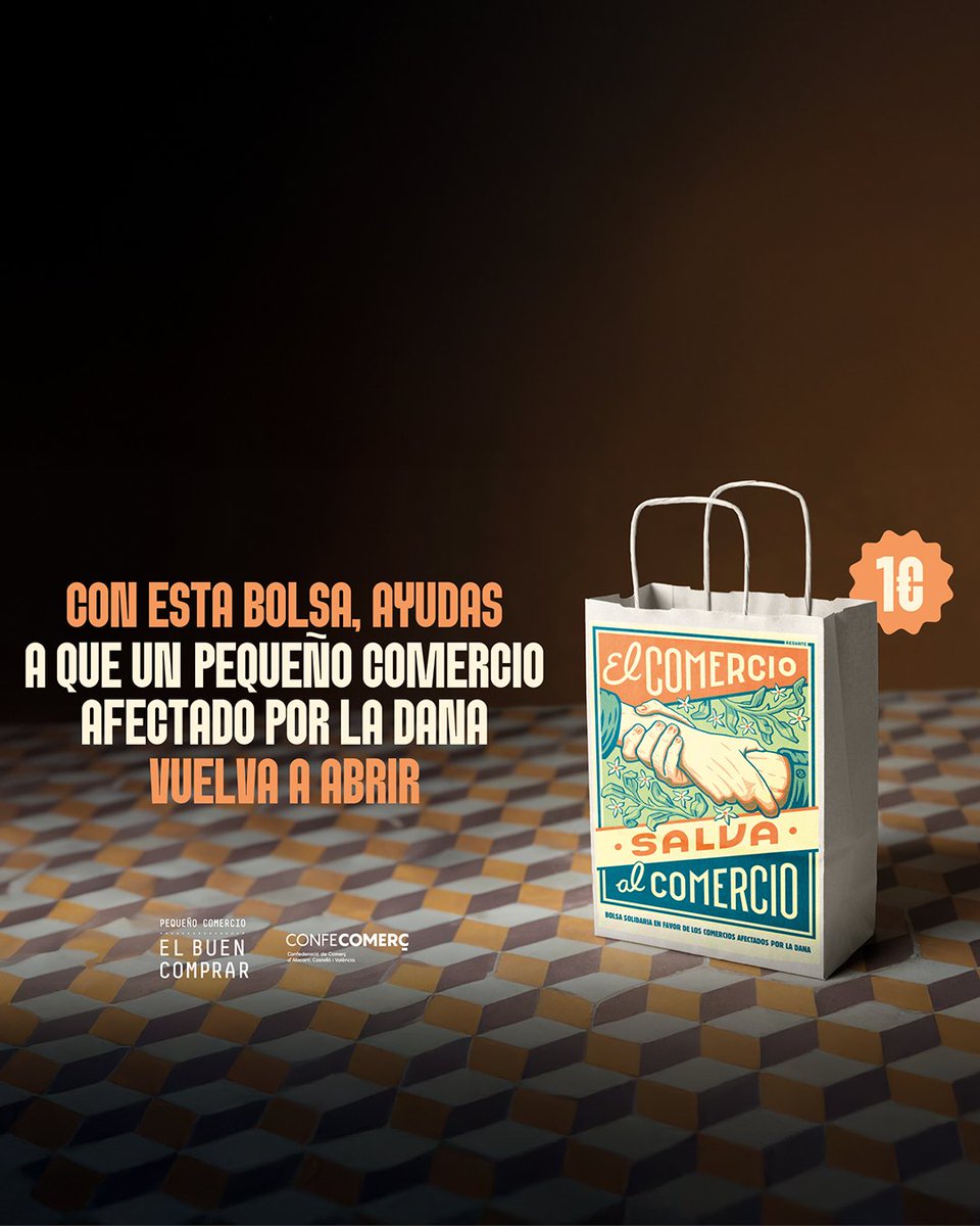 Nos sumamos a la iniciativa "EL COMERCIO SALVA AL COMERCIO"🤝Nos unimos con CONFECOMERÇ para ayudar a las tiendas afectadas por la DANA. La acción consiste en bolsas solidarias que están a la venta en nuestras tiendas, y su importe se trasladará a los comerciantes afectados.
