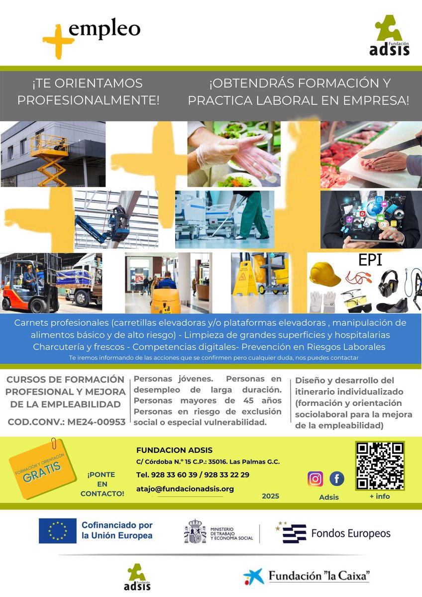 El proyecto MÁS EMPLEO subvencionado por <a href="/FundlaCaixa/">Fundación ”la Caixa”</a> <a href="/empleogob/">Ministerio Trabajo y Economía Social</a> y Fondos europeos y cofinanciado por la Unión Europea continúa ofreciendo múltiples actividades gratuitas : orientación laboral individual; carnets profesionales ; etc 

Para más información facilitamos el cartel ⬇️