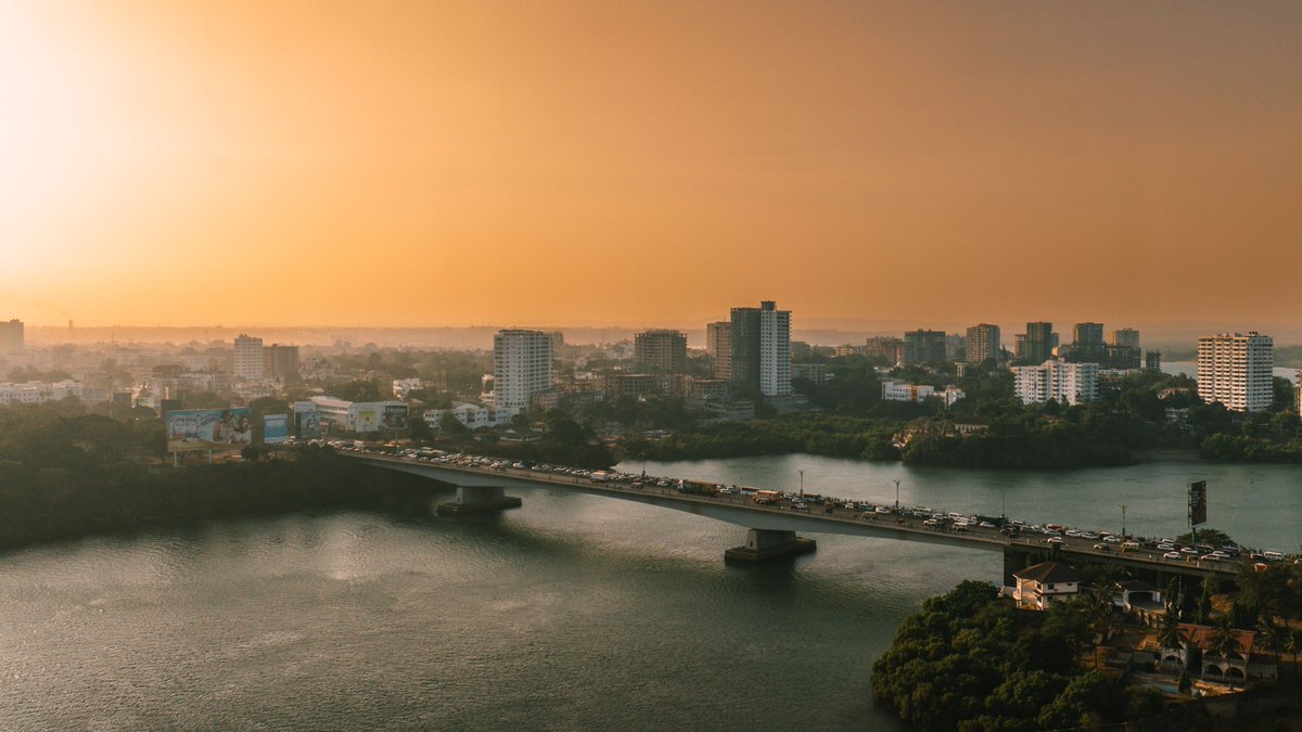 The Nyali Bridge at golden hour, with the Mombasa skyline and Tudor Creek.