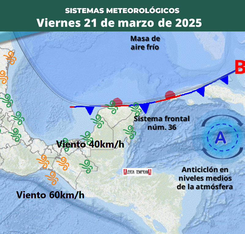AlertaGt502's tweet photo. 🇬🇹📝Pronóstico viernes 21 de marzo
✅ SemiEstacionario #FrenteFrío36 mantendrá nubosidad y lluvias sobre el Norte FTDN y Caribe, viento con rachas de hasta 70km/h durante favoreciendo TIEMPO FRESCO menos en la Costa Sur allí sigue el calor
#ClimaGt #TraficoGt #LluviasGt #FF36 https://t.co/uRsDXouIVd