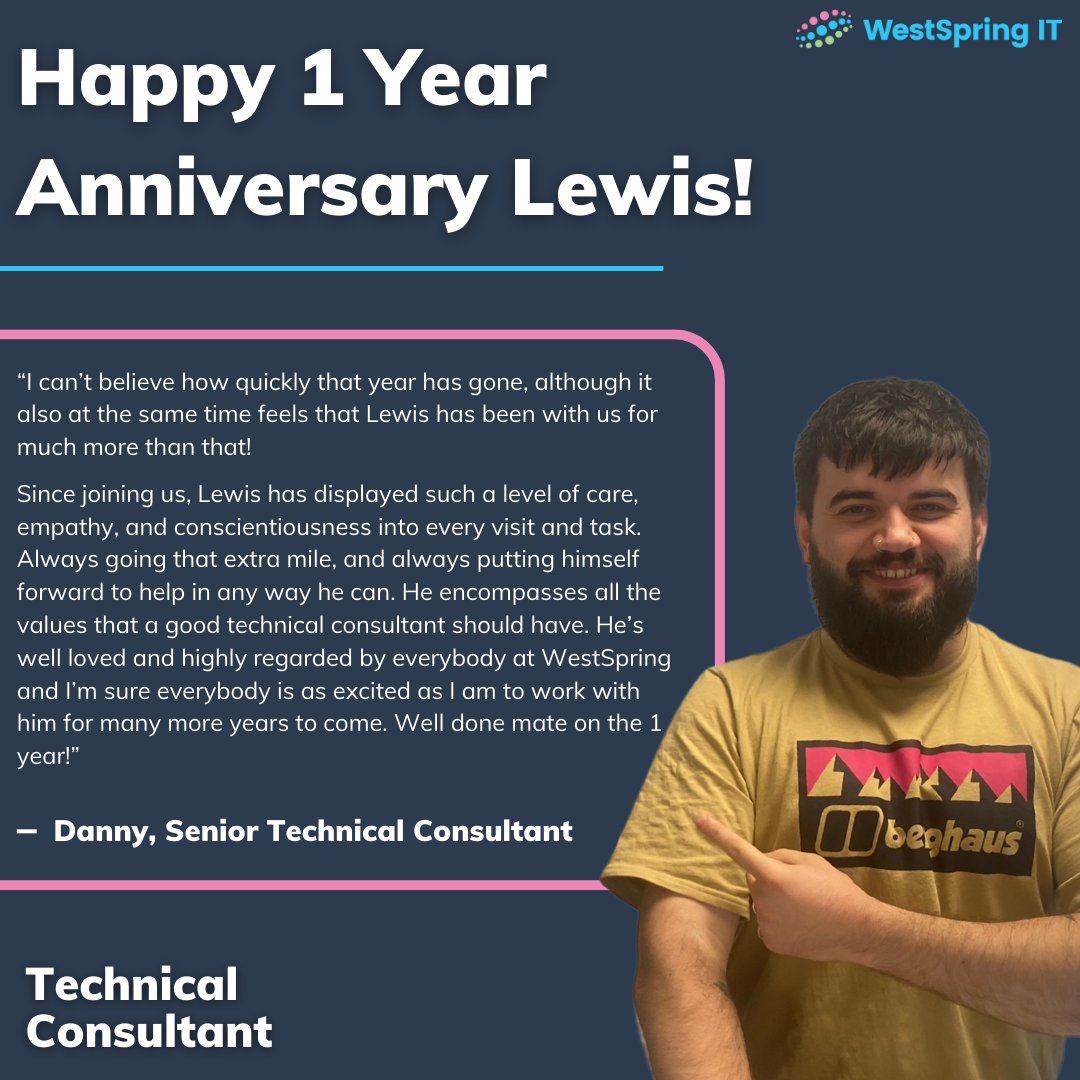 Happy 1 year anniversary to our Technical Consultant Lewis!🥳

Well done Lewis, here's to many more successful years!🤲

#Anniversary #Team #Congratulations