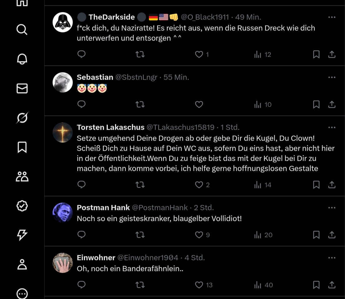 Ich habe mich heute dazu hinreißen lassen, einen kritischen Kommentar zu einem Post der 🇷🇺 Botschaft in DE zu hinterlassen... Das sind die netten Menschen die mir geantwortet haben. Als hätte ich in ein Wespennest gestochen. 1/2