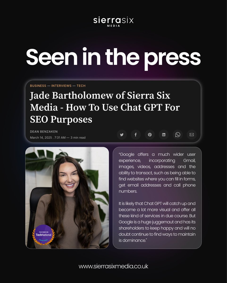 Exciting News! Our founder and director, Jade Bartholomew, recently shared insights with TechNational on leveraging Chat GPT for SEO. Discover how AI can revolutionise your SEO strategy. Check out the full interview here:
 
lnkd.in/eHakQ3jQ
 
#SierraSixMedia #SEO #ChatGPT