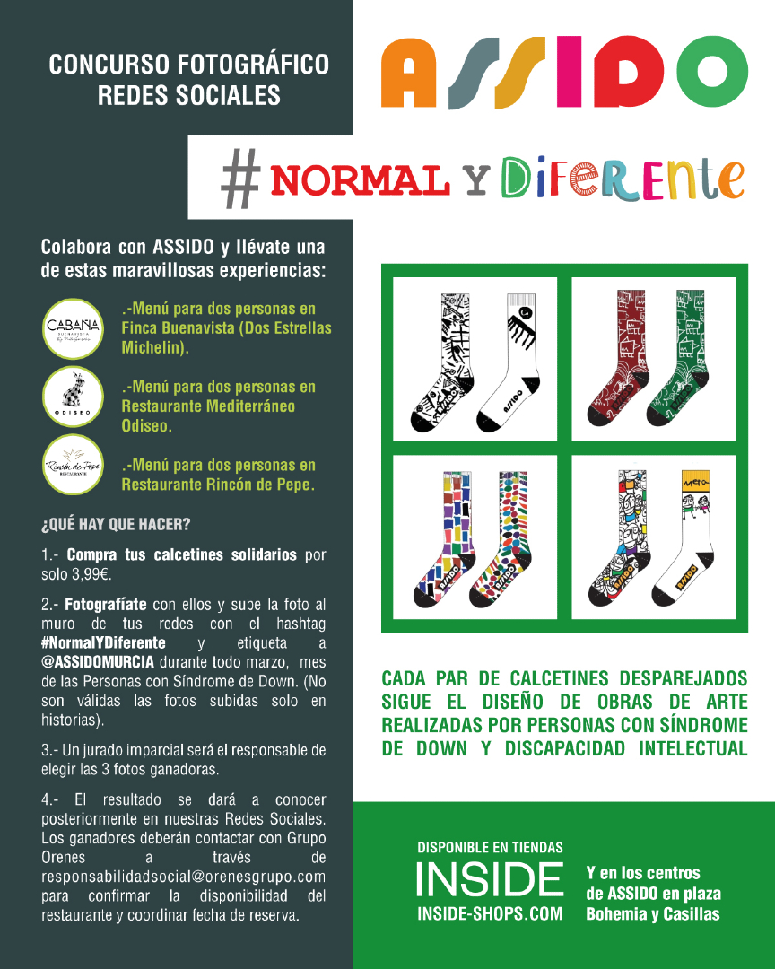ASSIDOMURCIA's tweet image. Concurso Fotográfico Redes con los calcetines desparejados de ASSIDO

¡Puedes participar durante todo el mes de marzo!

Sube a tus redes tu mejor foto con los calcetines de esta temporada con el hastag #NormalyDiferente 

Por aquí os dejamos las bases del concurso