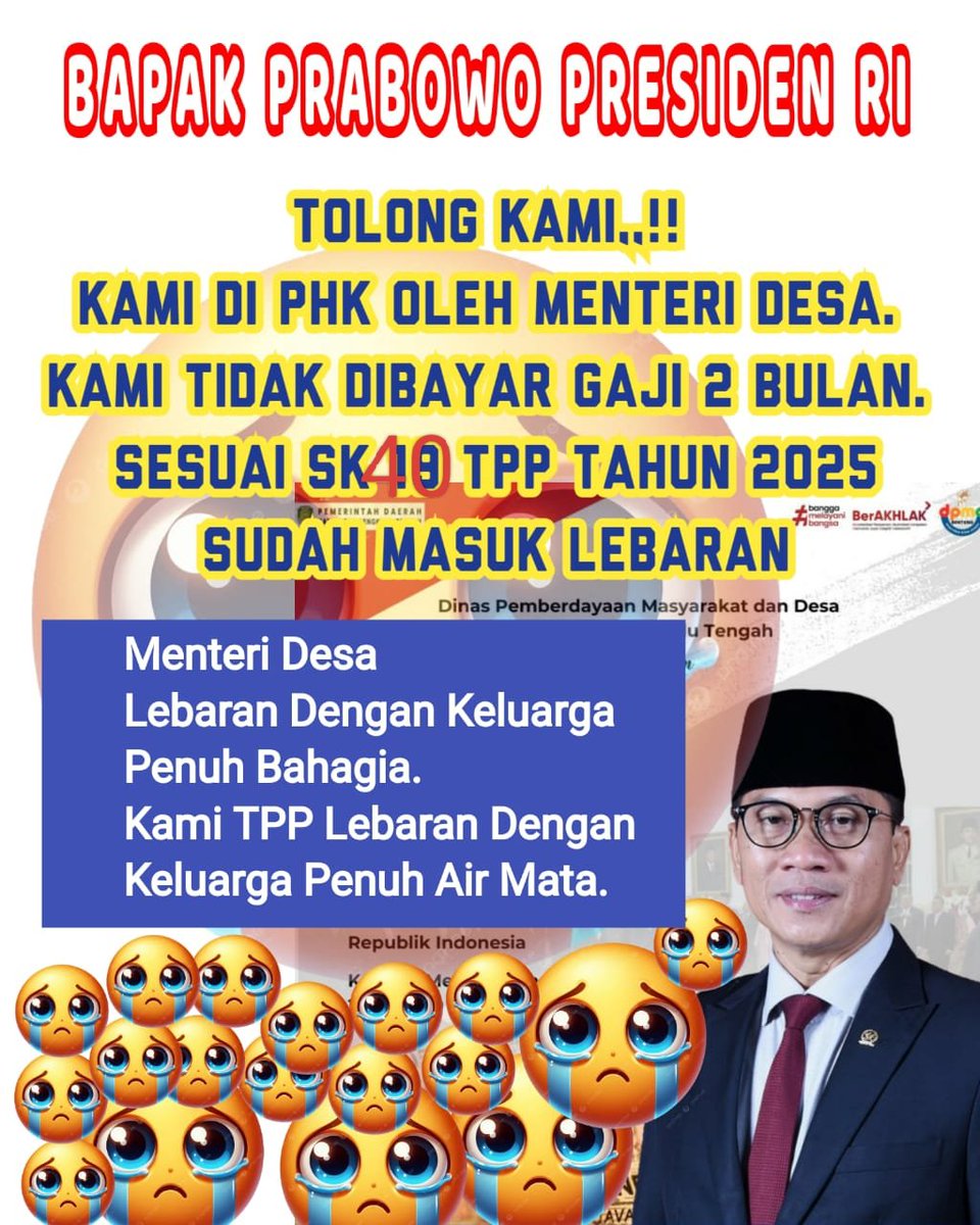 Mursyidan10's tweet photo. Berkedok Merah Putih, bapak @YandriSusanto @YandriSusanto27 melakukan PHK pada Ribuan TPP.
#1040PendampingDesaTidakdiGaji
#PendampingDesa
#Pendampingdesa_berduka
#NoViralNoJustice 
#IndonesiaGelap
@prabowo
@cak_imin
@gibran_tweet
@puanmaharani_ri
@jokowi 
@tppkemendesa https://t.co/kgf2z68pJM
