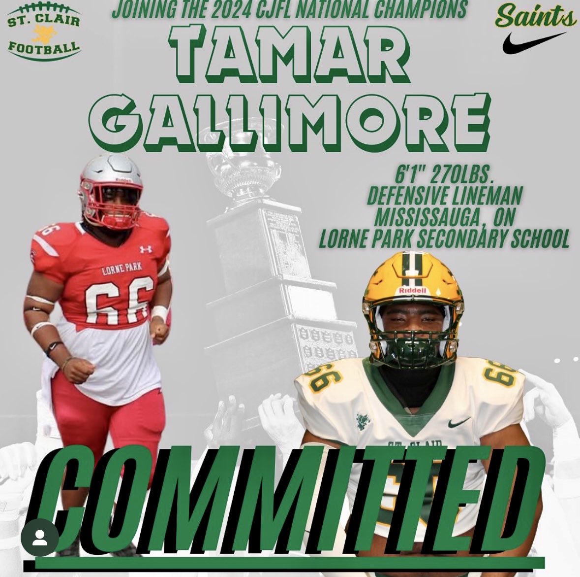 MChance519's tweet image. A physical and disruptive player is being added to the DL for the National Champion St Clair Saints.
Please welcome Tamar Gallimore to the College.
His gritty style and athleticism will fit right in! Go Saints!