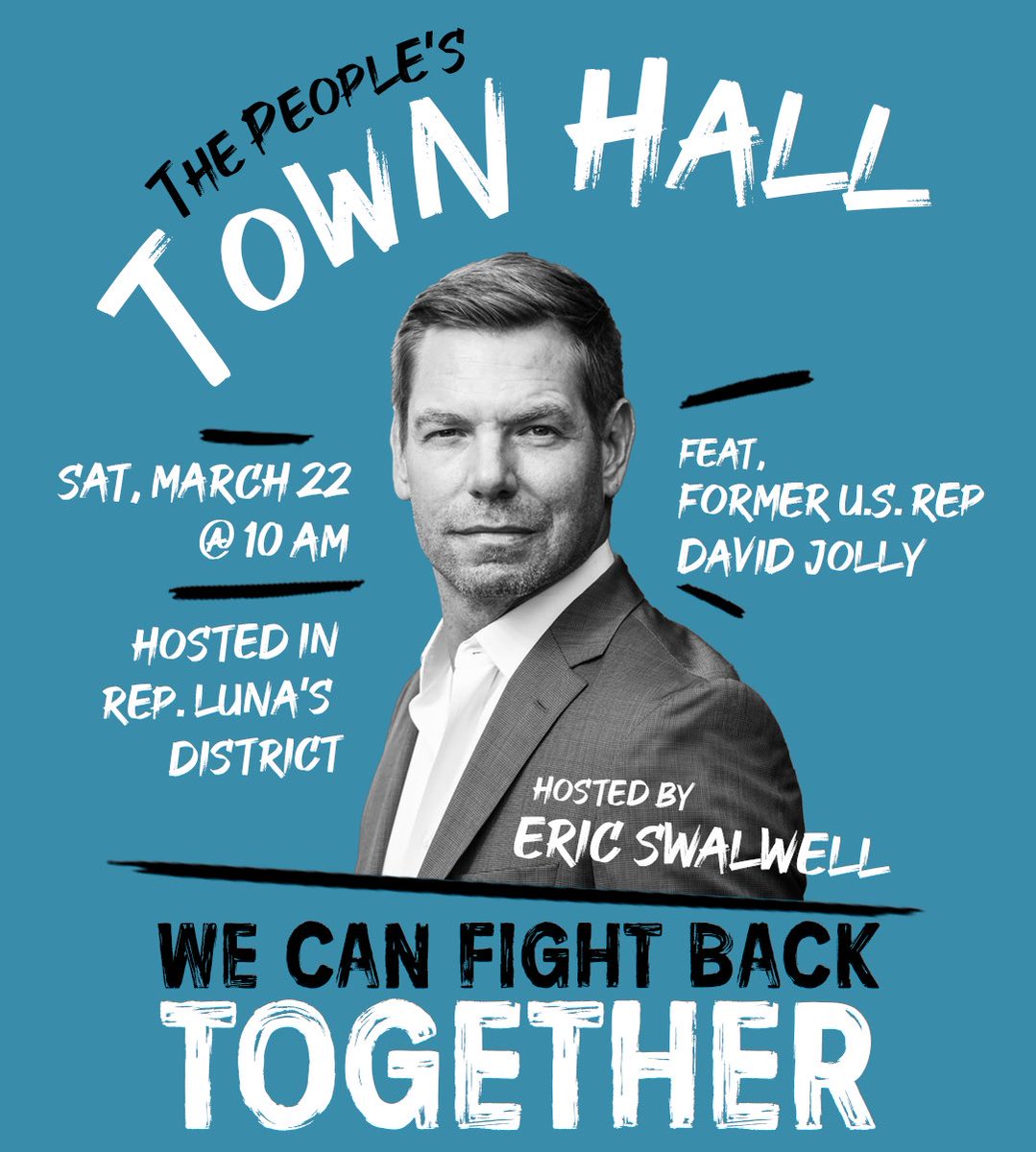 TAKE ACTION: This weekend, we are joining @dhcf_pinellas to volunteer at THE PEOPLE’S TOWN HALL in CD 13, featuring U.S. Rep Eric Swalwell and former U.S. Rep David Jolly. We’ll be greeting attendees and sharing information on registering to vote in FL. You won’t want to miss it!