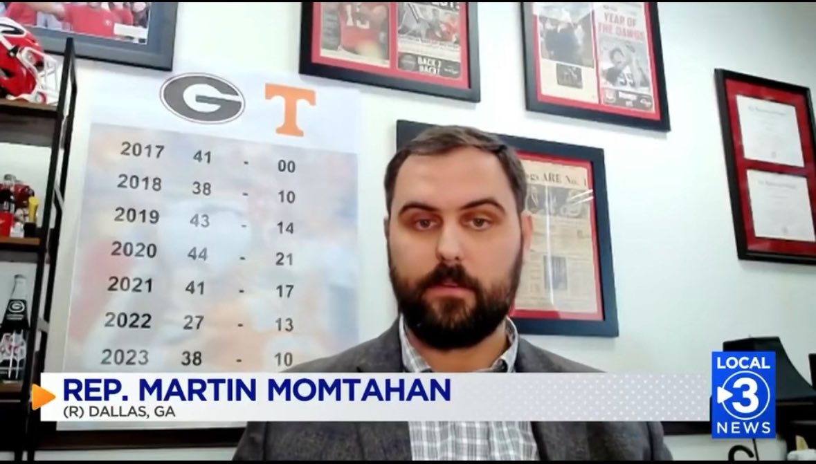 On Chattanooga TV, Rep. Martin Momtahan (Dallas) discussed his legislation to reclaim a section of Tennessee land that historical records show belongs to Georgia. For educational purposes, he did it in front of a poster with the last decade of scores between @georgiafootball and