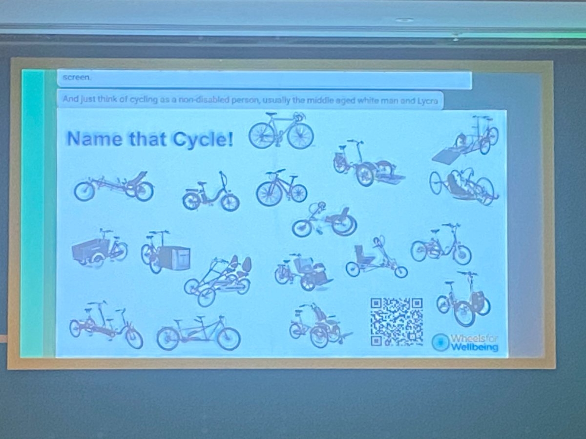 Kay Inckle discusses a slide showing images of many different types of cycles making the point that disabled people can and do cycle but infrastructure is not yet adapted to accommodate these different cycles and cyclists. #ncat_uk #cpsummit25