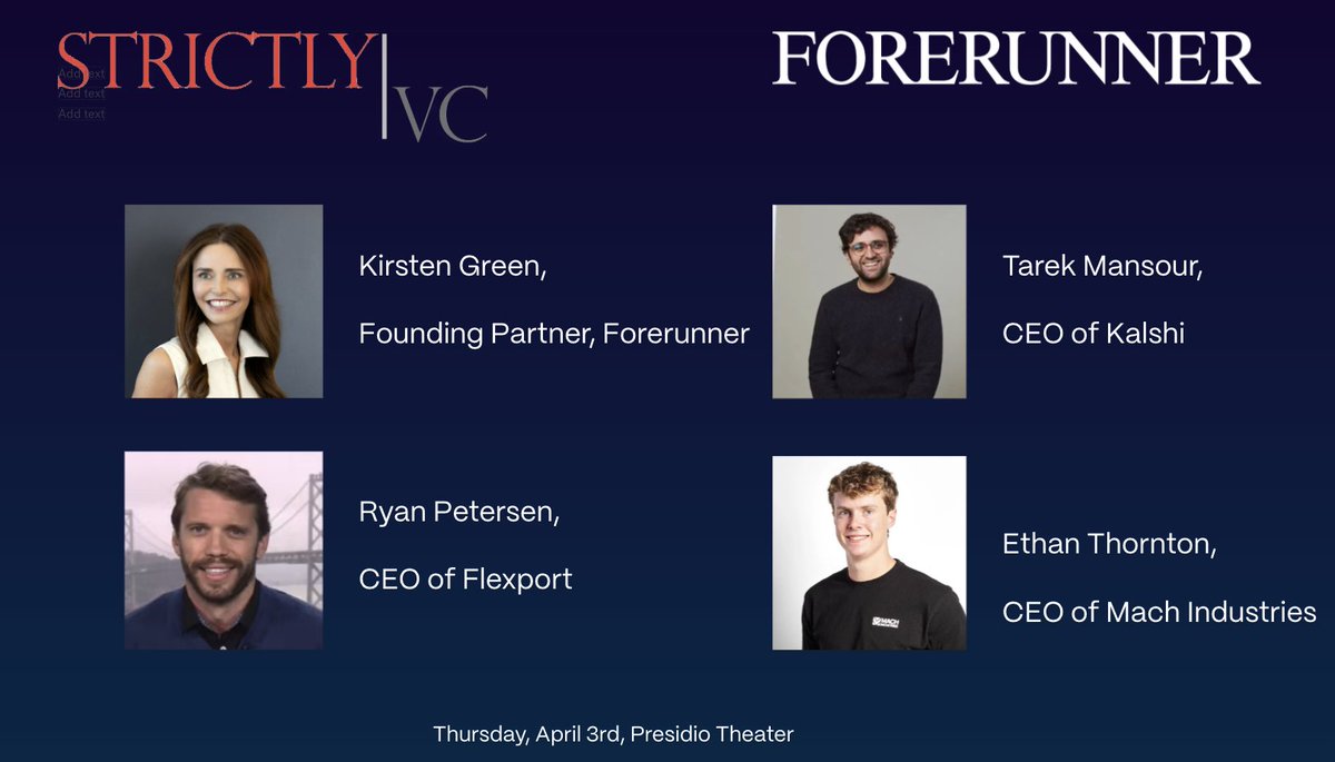 We're hosting a <a href="/StrictlyVC/">StrictlyVC</a> event in our backyard at Presidio Theater on April 3rd with an incredibly dynamic agenda. Plus one more potential surprise guest. Nearly sold out, but still a few seats left!
techcrunch.com/events/strictl…

<a href="/typesfast/">Ryan Petersen</a> <a href="/mansourtarek_/">Tarek Mansour</a> <a href="/ethanrthornton/">Ethan Thornton</a>