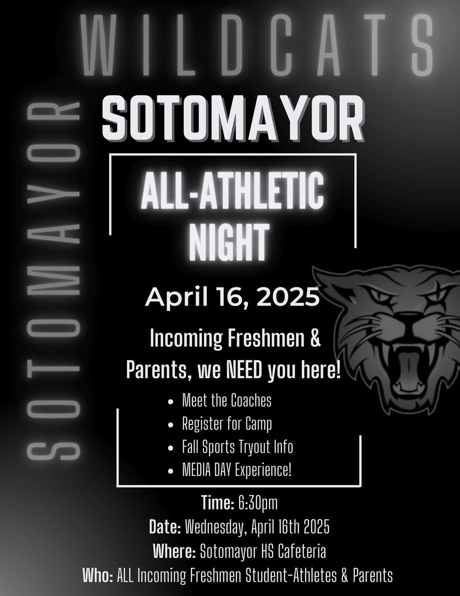 We will be having are All Athletic Night on April 16th at 6:30 pm in the Sotomayor Cafeteria.  We want all incoming Freshmen athletes and their parents to attend!!!
