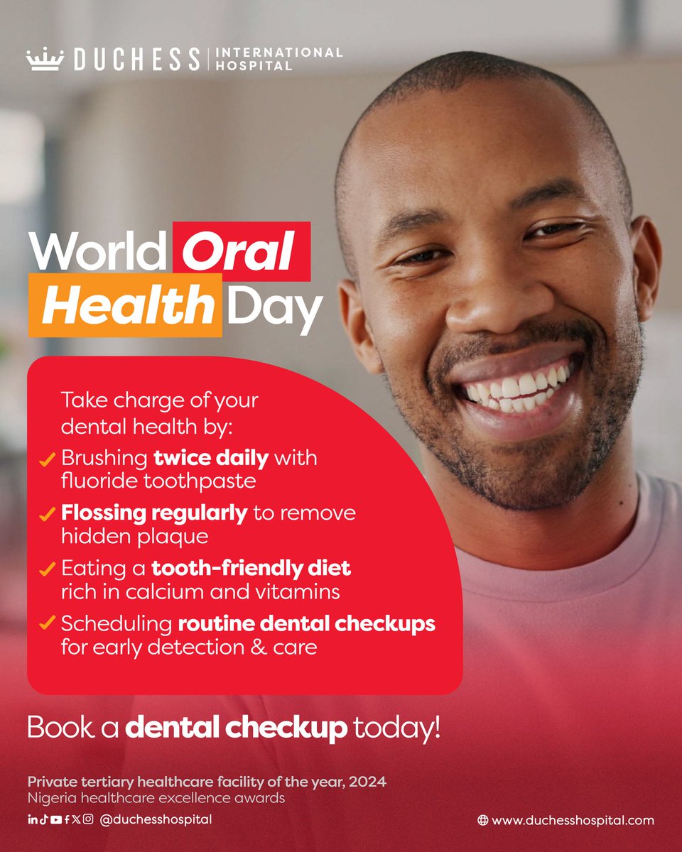DuchessHospital's tweet photo. This World Oral Health Day, remember to:âšâ Brush & floss dailyâšâ Eat a balanced dietâšâ Visit your dentist regularly
A healthy mouth means a healthier YOU!Â
Book a checkup today.
#WorldOralHealthDay Â
#duchesshospital
#Duchessaffordablehealthcare
#WOHD2025 https://t.co/nH4GkawUh3