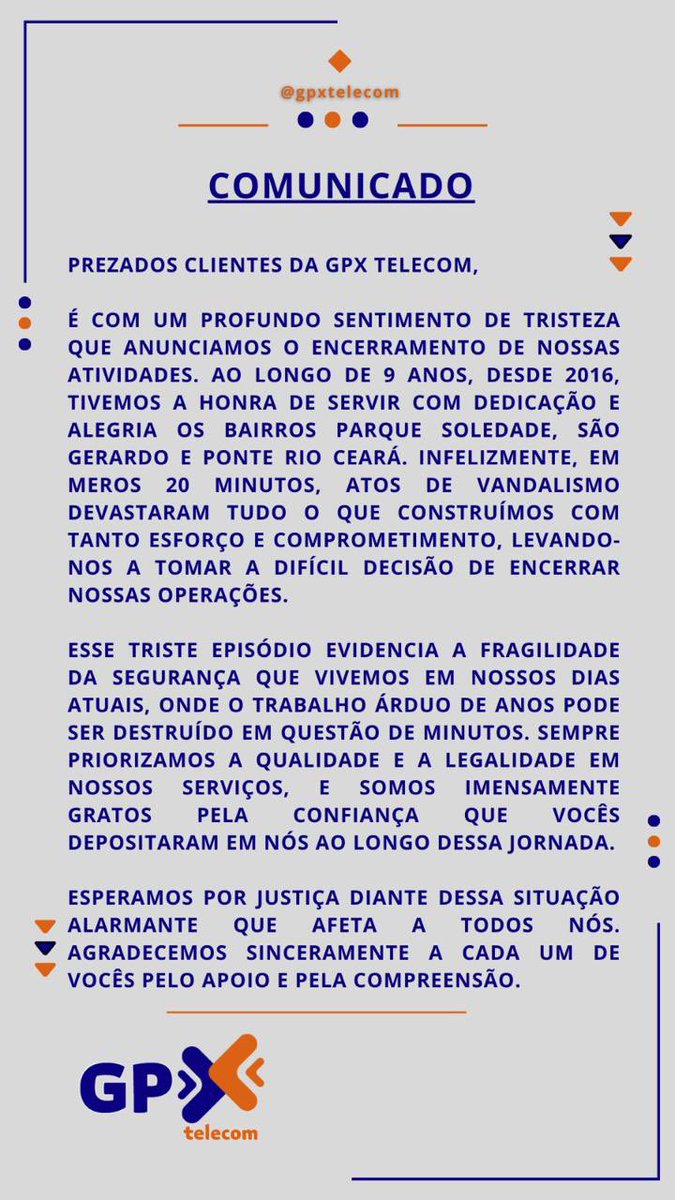 donizetearruda7's tweet photo. 💣💣💣COMANDO VERMELHO(CV) AVANÇA PARA ASSUMIR CONTROLE COMPLETO DO MERCADO DE INTERNET NO CEARÁ. JÁ TEM 30 PROVEDORES.
Após ataques do CV ao Parque Soledade, em Caucaia, o provedor GPX Telecom fechou as portas. Não suportou a pressão e ameaças do CV. https://t.co/inilpnUxqK