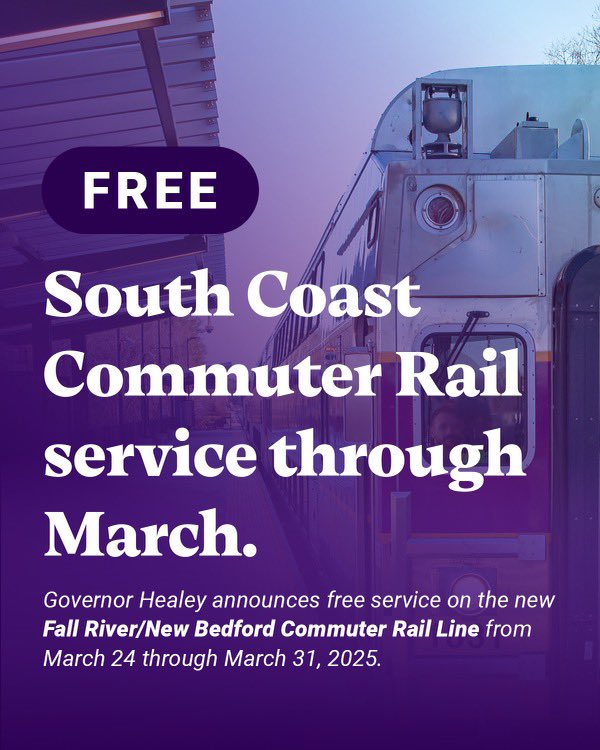 Maura Healey (@massgovernor) on Twitter photo The <a href="/MBTA_CR/">MBTA Commuter Rail</a> is coming back to the South Coast! For the first time in 65 years, you’ll able to take the train to and from Boston on the Fall River/New Bedford Line.
To celebrate, we're making service FREE through March! Check the schedule at mbta.com 💜🚅 The <a href="/MBTA_CR/">MBTA Commuter Rail</a> is coming back to the South Coast! For the first time in 65 years, you’ll able to take the train to and from Boston on the Fall River/New Bedford Line.
To celebrate, we're making service FREE through March! Check the schedule at mbta.com 💜🚅
