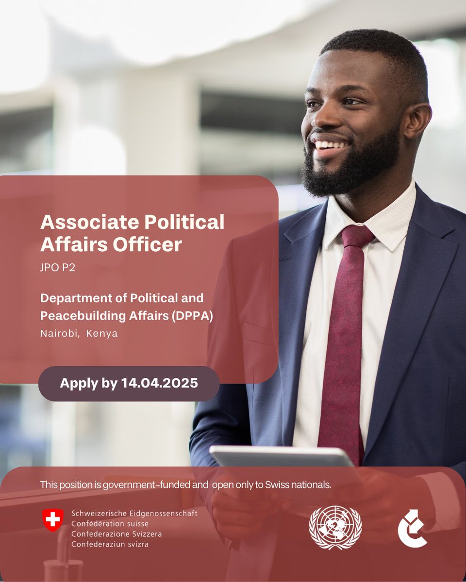 cinfo (@cinfofeeds) on Twitter photo ๐ Join the <a href="/UN/">United Nations</a> as an Associate Political Affairs Officer in ๐Nairobi, Kenya
๐นThe Department of Political and Peacebuilding Affairs (DPPA)
๐
Apply by 14 April: loom.ly/AiXAXWc
๐โโ๏ธ Need support with your application? Contact our HR advisors: recruitment@cinfo.ch ๐ Join the <a href="/UN/">United Nations</a> as an Associate Political Affairs Officer in ๐Nairobi, Kenya
๐นThe Department of Political and Peacebuilding Affairs (DPPA)
๐
Apply by 14 April: loom.ly/AiXAXWc
๐โโ๏ธ Need support with your application? Contact our HR advisors: recruitment@cinfo.ch