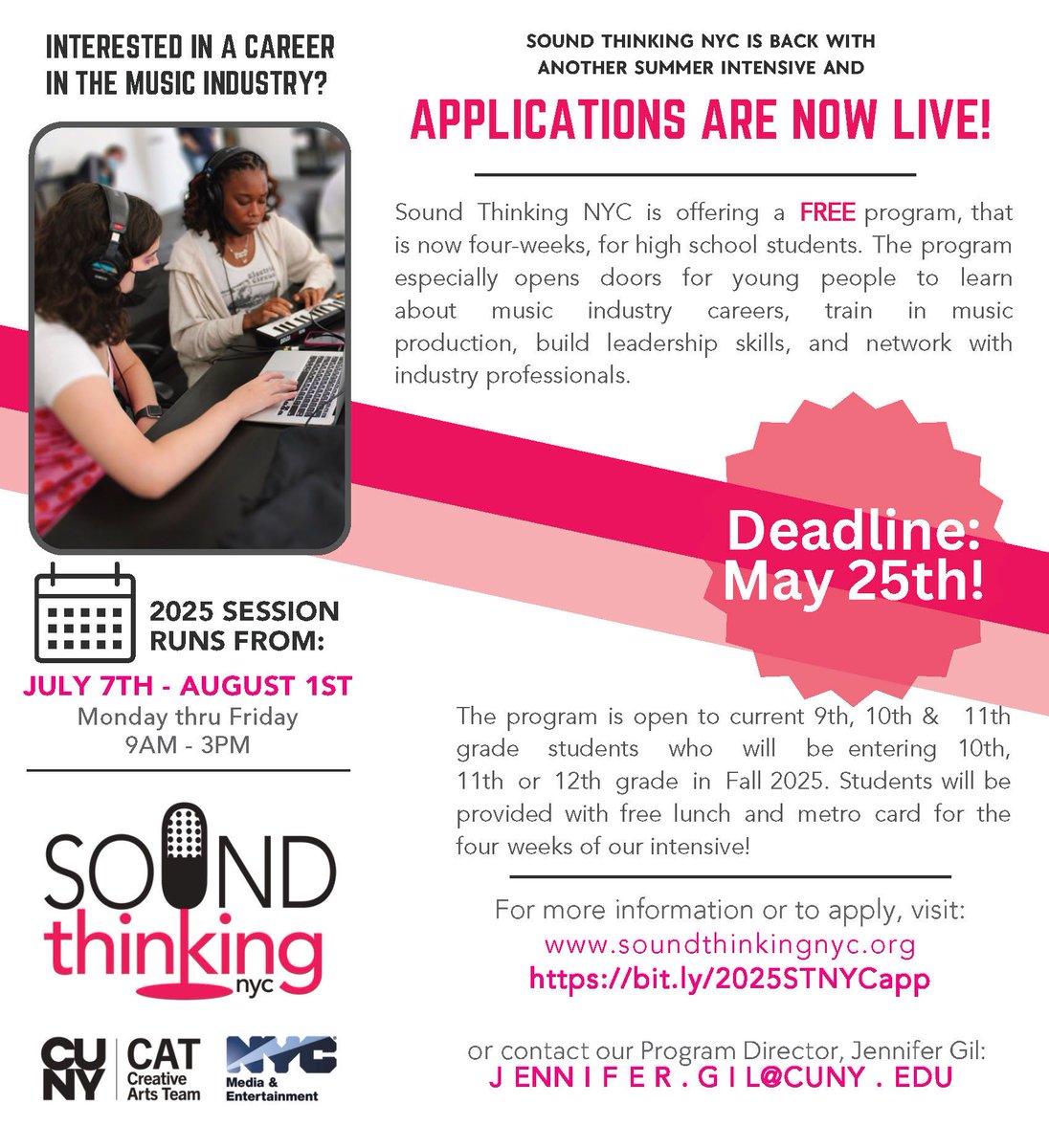 NYC Mayor's Office of Media & Entertainment (@madeinny) on Twitter photo Attention NYC High School Students - do you love music and making it?
Want to know more about being a part of the music industry like your faves? <a href="/NYCSchools/">NYC Public Schools</a>🎶
Apply now for MOME's FREE Sound Thinking NYC 4-week summer session with <a href="/cunycat74/">CUNY Creative Arts Team</a>: on.nyc.gov/3FlnTzA Attention NYC High School Students - do you love music and making it?
Want to know more about being a part of the music industry like your faves? <a href="/NYCSchools/">NYC Public Schools</a>🎶
Apply now for MOME's FREE Sound Thinking NYC 4-week summer session with <a href="/cunycat74/">CUNY Creative Arts Team</a>: on.nyc.gov/3FlnTzA