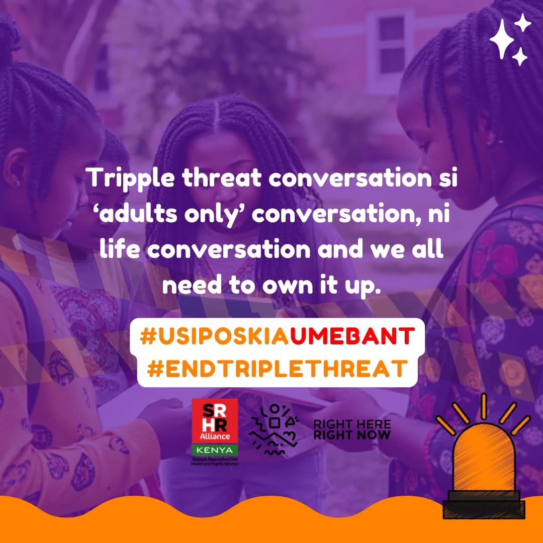 It's time we normalise conversations on HIV prevention,teen pregnancies, and violence.
#Usiposkiaumebant.
#EndTripleThreat 

<a href="/KenyaSRHR/">Kenya SRHR Alliance</a> 
<a href="/RHRNKenya/">Right here Right now Ke</a> 
<a href="/CSA_Kenya/">CSA</a> 
<a href="/srhkenya1/">Kenya Srh Care Organization</a> 
<a href="/MombasaYACH/">YACH Mombasa</a>