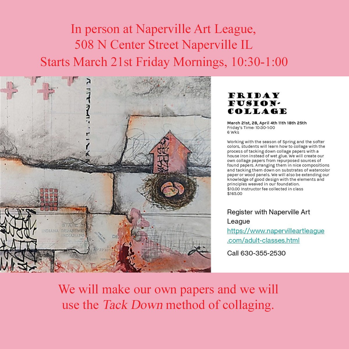 lonecrow4's tweet photo. Make this Friday and the next 5 exciting again, Explore the process of making your own collage papers and fusion them on watercolor paper and the option of wood panels.  Head to Naperville Art League and Scroll down on this page https://t.co/yjMa1E7TCy https://t.co/253amz0DBq