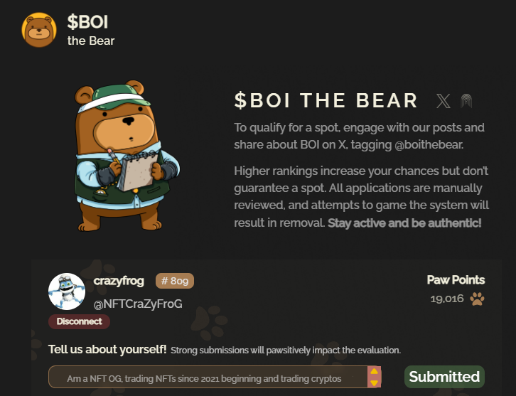 NFTCraZyFr0G's tweet photo. Yo guys froggy sama made it from 1400 PAW 🐾points to 19k PAW 🐾points through $BOI raids.

Can i reach 100k 🐾🐾points. 

$BOI fam let me achieve it. Show your support for me. 

@Boithebear is the next meta. $BOI to moon 🚀🚀

Engage with like, retweet guys.

#BOI https://t.co/RnuHfbh2kZ