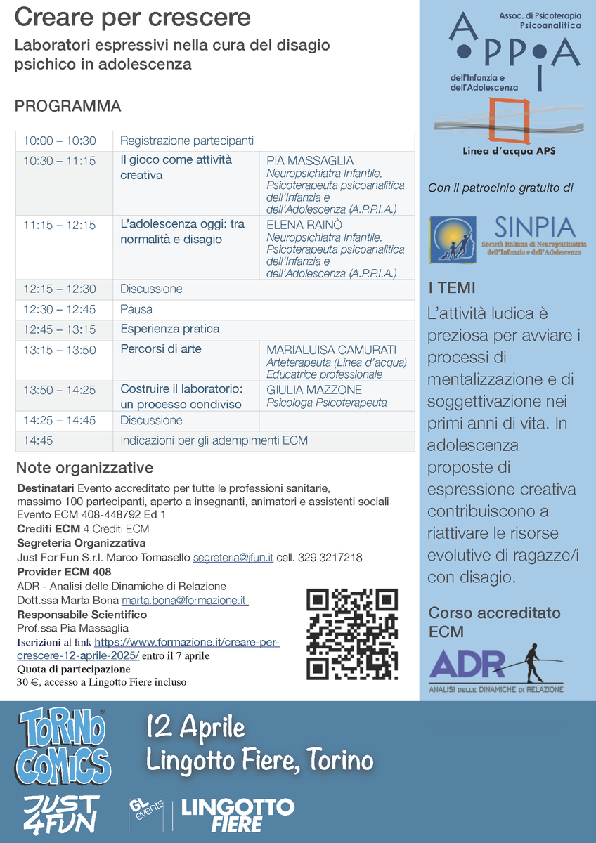 Mario_ADR's tweet photo. Segnaliamo il corso “Creare per Crescere”, che si terrà nell’ambito di Torino Comics. Il corso è accreditato ECM.
Iscrizioni al link https://t.co/qj6FWLcXLp https://t.co/K7Ble9zVBe