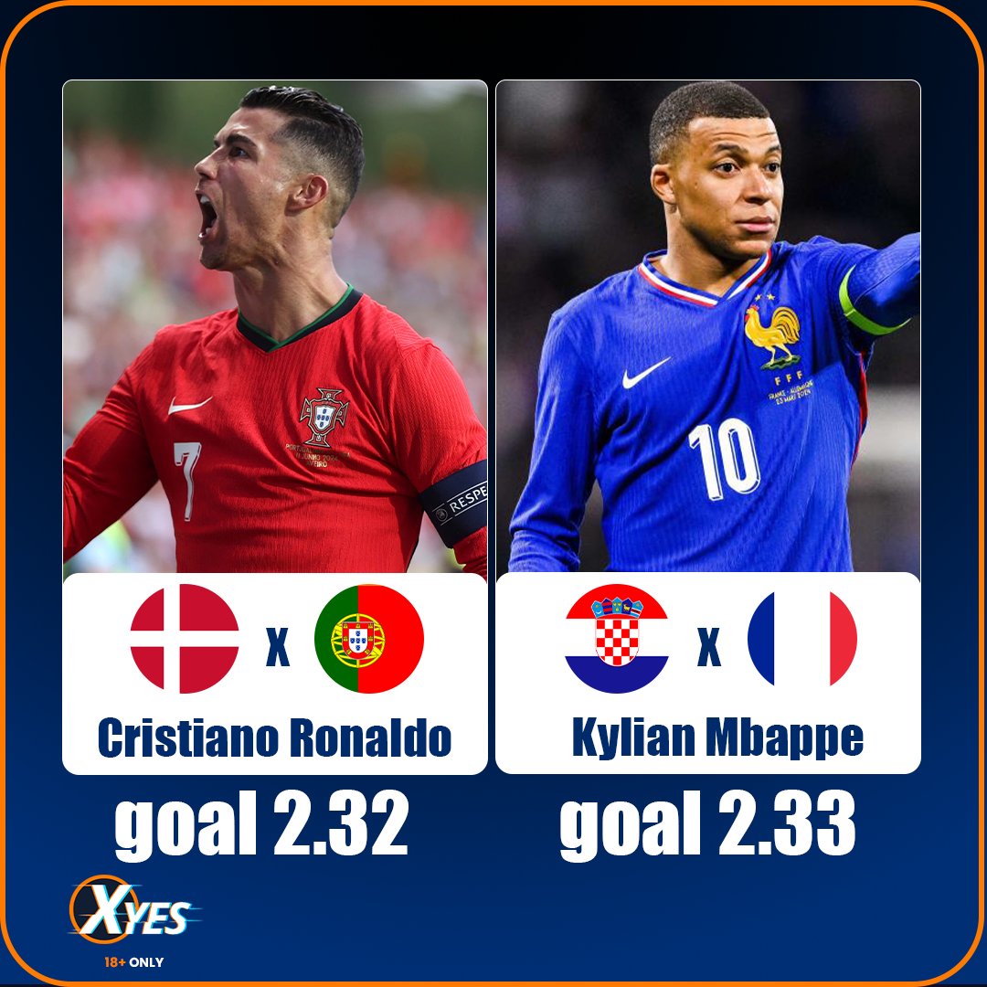 Xyes_com's tweet image. ⚽ Ultimate Showdown! Ronaldo vs Mbappé, who will score? 

Denmark vs Portugal, Croatia vs France, the battle is on! 🔥 

#FootballFever #EpicMatch #BettingOdds