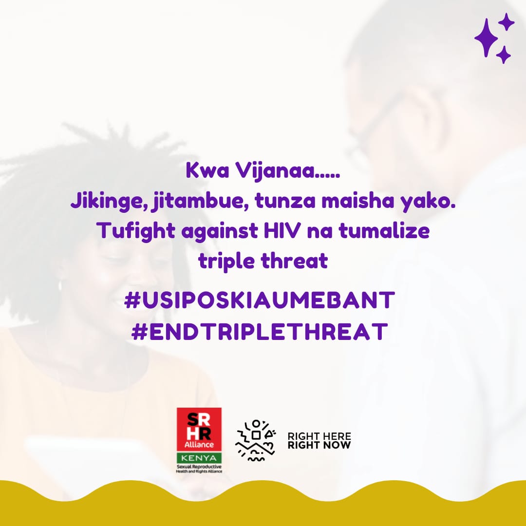 Ending HIV, teen pregnancy, and gender-based violence starts with education, support, and action. 

#EndTripleThreat 
#Usiposkiaumebant 
<a href="/RHRNKenya/">Right here Right now Ke</a> 
<a href="/KenyaSRHR/">Kenya SRHR Alliance</a> 
<a href="/usapwayouthorg/">Ushauri Safisha Pwani Youth Organization.</a> 
<a href="/MombasaYACH/">YACH Mombasa</a>