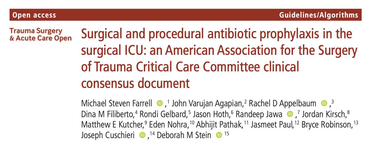 Trauma Surgery & Acute Care Open (TSACO) (@tsaco_aast) on Twitter photo Over the next few weeks for #TBT, we're revisiting the top 10 most downloaded papers of 2024! We start with #🔟: "Surgical and procedural antibiotic prophylaxis in the surgical ICU: an AAST Critical Care Committee clinical consensus document" bit.ly/4130vz5 Over the next few weeks for #TBT, we're revisiting the top 10 most downloaded papers of 2024! We start with #🔟: "Surgical and procedural antibiotic prophylaxis in the surgical ICU: an AAST Critical Care Committee clinical consensus document" bit.ly/4130vz5