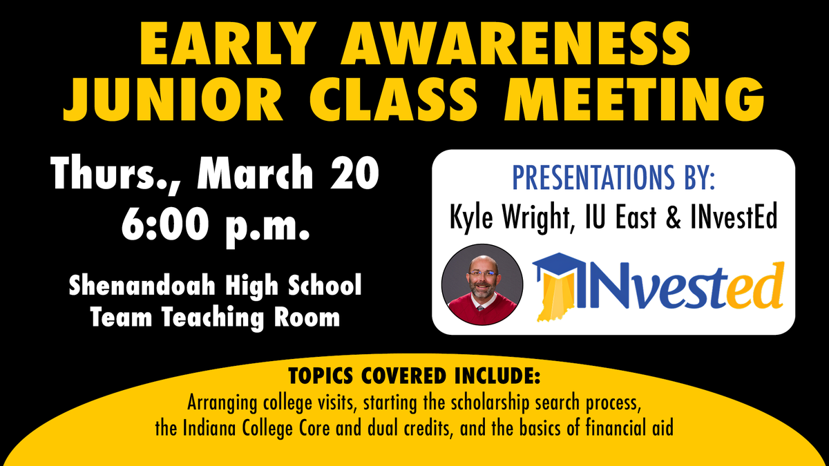 CounselingSHS's tweet photo. @INvestEdIndiana will be joining us tonight for our annual Junior Class Meeting. https://t.co/CJlcv8kVBZ