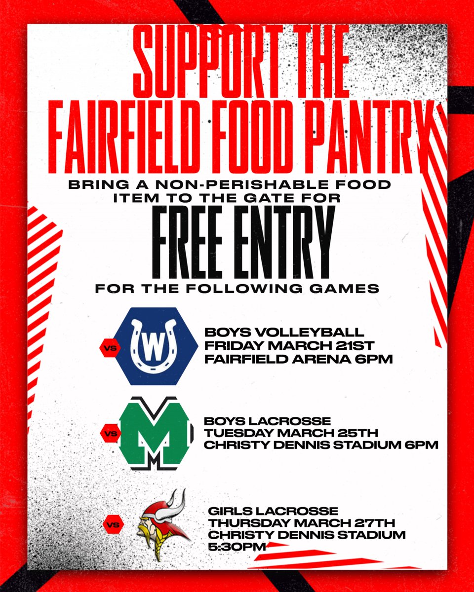 Support our community and enjoy the game! Bring a non-perishable food item to any of the three games listed below, and you can enter for free!  

All donations go to the Fairfield Food Pantry to help local families in need. #FairfieldPride #OneTribe