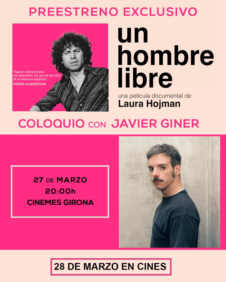 Surtsey Films (@surtseyfilms) on Twitter photo ¡Atención Barcelona!
El próximo Jueves 27 tendremos en Barcelona Preestreno Exclusivo de UN HOMBRE LIBRE de <a href="/laurahojman/">Laura Hojman</a> y el director de cine y escritor <a href="/j_giner/">Javier Giner 🏳️🌈</a> acompañará a los asistentes para al final de la proyección charlar con ellos sobre la figura del escritor Agustín ¡Atención Barcelona!
El próximo Jueves 27 tendremos en Barcelona Preestreno Exclusivo de UN HOMBRE LIBRE de <a href="/laurahojman/">Laura Hojman</a> y el director de cine y escritor <a href="/j_giner/">Javier Giner 🏳️🌈</a> acompañará a los asistentes para al final de la proyección charlar con ellos sobre la figura del escritor Agustín