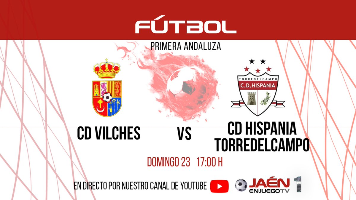 🚨RETRANSMISIÓN ‼

👉Y la Primera Andaluza continua en JaenEnJuego. Recta final de la liga regular. 

Este domingo, a partir de las 17:00 horas: <a href="/cd_vilches/">C.D. Vilches-Coosur</a> - <a href="/CDHispania/">CD Hispania ⭐⭐⭐⭐⭐</a> . 

👉Partidazo que podrás seguir aquí: youtube.com/live/3iOnYcZ1c…