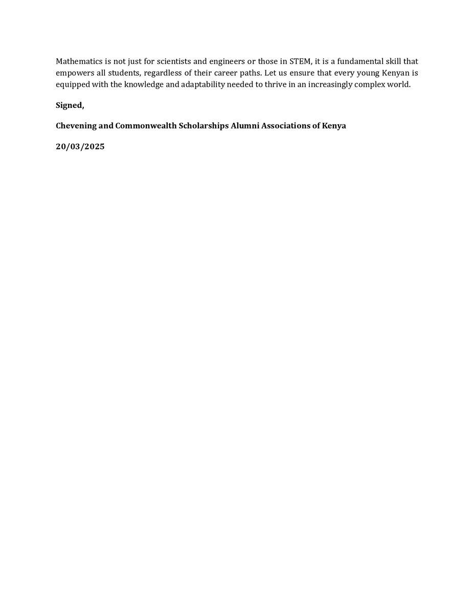 Commonwealth Scholarships Alumni Association-Kenya (@cscalumnikenya) on Twitter photo 👇Our Open Letter to the Ministry of Education
<a href="/EduMinKenya/">Ministry of Education, Kenya (MoE)</a> jointly with <a href="/ChevKenya/">Chevening Alumni Network Kenya</a> on the importance of mathematics as a core subject in secondary schools. We ask for consideration of the issues raised. #MathematicsMatters #FutureOfLearning #EducationPolicy #SkillsForTheFuture 👇Our Open Letter to the Ministry of Education
<a href="/EduMinKenya/">Ministry of Education, Kenya (MoE)</a> jointly with <a href="/ChevKenya/">Chevening Alumni Network Kenya</a> on the importance of mathematics as a core subject in secondary schools. We ask for consideration of the issues raised. #MathematicsMatters #FutureOfLearning #EducationPolicy #SkillsForTheFuture