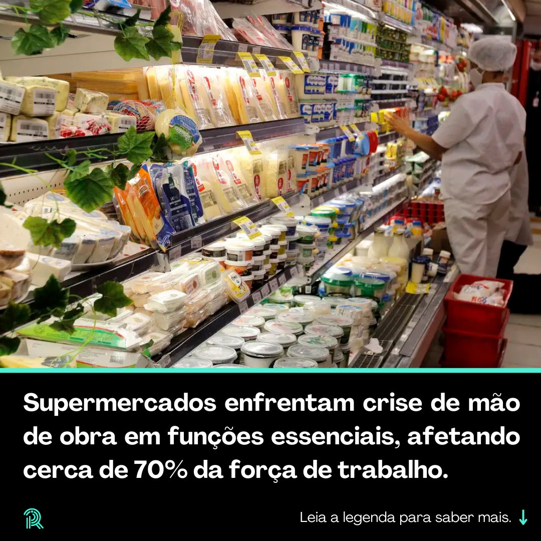 RadarDoMercado's tweet photo. Escassez de mão de obra ou precarização do trabalho? O setor supermercadista brasileiro está passando por uma crise de escassez de mão de obra, afetando funções essenciais que representam cerca de 70% da força de trabalho nesses estabelecimentos. Um levantamento da Confederação Nacional do Comércio de Bens, Serviços e Turismo (CNC) revela que oito das dez principais ocupações nos supermercados estão com dificuldades de contratação. As vagas mais impactadas incluem operadores de caixa, padeiros, açougueiros, repositores, vendedores e auxiliares de serviços de alimentação. #Supermercados #MãoDeObra #Crise #Emprego #Varejo #RadarDoMercado