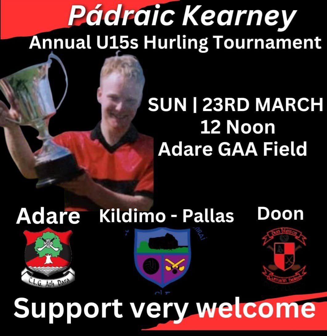 AdareGAA's tweet photo. This promises to be an excellent day in memory of a great club man.

📆  Sunday, 23rd March
⏰️ 12 noon
📍  Adare Gaa Field

The Club would really appreciate the support on Sunday.
 Pop down to shout Adare on👏

Àth Dara abú❤️🖤 https://t.co/DA3pCK0icC