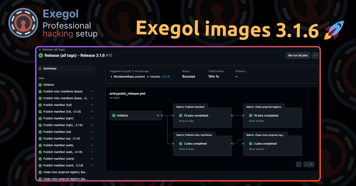 We've been cooking 🧑‍🍳 Exegol images 3.1.6 are live

🔷 Container startup time is 50% faster (improved my-resources performance and logging) 🚀
🔷 Images are 10% lighter (removed buildtime cache, git shallow) 🪶
🔷 New tools, released Exegol history v2 module (beta 🪲), extended