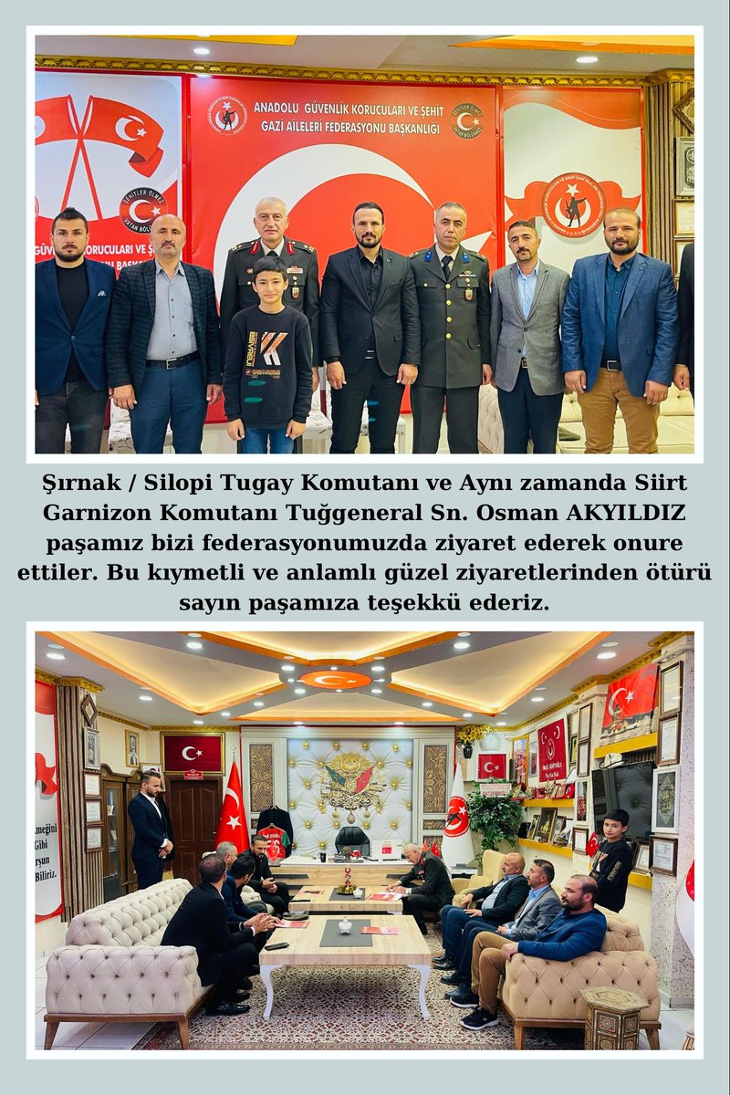 Engin Pınarbaşlı (@enginpnrbsli) on Twitter photo Silopi Tugay Komutanı ve Siirt Garnizon Komutanı Tuğgeneral Osman Akyıldız Paşamız Bugün Siirt #GüvenlikKorucuları ve #ŞehitAilelerFederasyonu Başkanı <a href="/ismailsehitogl/">İsmail ŞEHİTOĞLU</a> ve Yönetim Kurulu Üyelerini Ziyaret Ederek Başkan Şehitoğlu'ndan Brifing Aldı
<a href="/guvenlikkorucum/">Türkiye Güvenlik Korucuları</a>
<a href="/TurkiyeGK/">Türkiye Güvenlik Korucuları 🇹🇷</a> Silopi Tugay Komutanı ve Siirt Garnizon Komutanı Tuğgeneral Osman Akyıldız Paşamız Bugün Siirt #GüvenlikKorucuları ve #ŞehitAilelerFederasyonu Başkanı <a href="/ismailsehitogl/">İsmail ŞEHİTOĞLU</a> ve Yönetim Kurulu Üyelerini Ziyaret Ederek Başkan Şehitoğlu'ndan Brifing Aldı
<a href="/guvenlikkorucum/">Türkiye Güvenlik Korucuları</a>
<a href="/TurkiyeGK/">Türkiye Güvenlik Korucuları 🇹🇷</a>