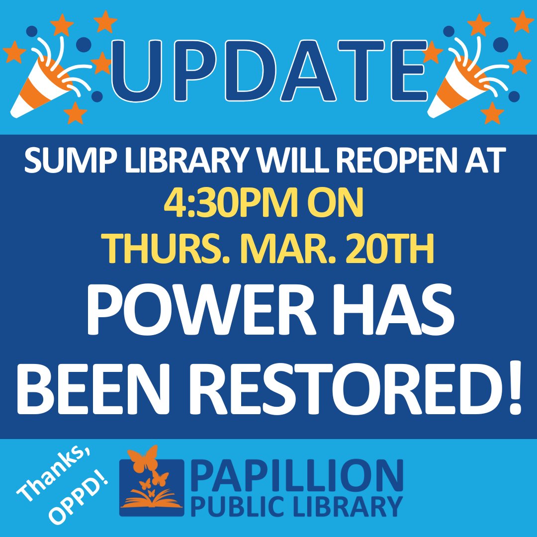 Sump Memorial Library's power has been restored. Sump will reopen to the public at 4:30PM on Thursday, March 20th.

Thank you to OPPD for restoring the power so quickly!