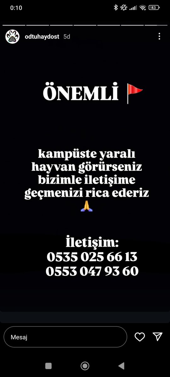 ODTÜ haydost paylaşmış
ODTÜ'de yaralı hayvan görürseniz aşağıdaki numaralara ulaşabilirsiniz