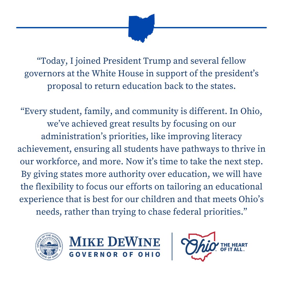 GovMikeDeWine's tweet image. Today, I visited the White House in support of President Trump’s proposal to return education back to the states. My statement: