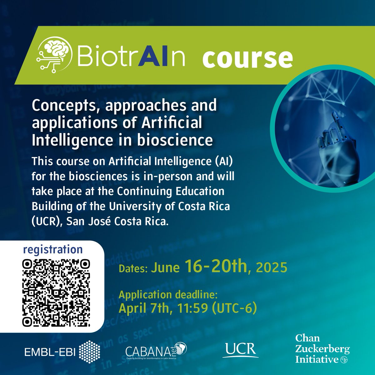 BiotrAIn course: 
Concepts, approaches and applications of Artificial Intelligence in bioscience

Pre-requisites: We assume participants will have basic level experience with Python and R.
June 16-20th, 2025
Deadline: April 7th, 11:59 PM 
docs.google.com/forms/d/e/1FAI…