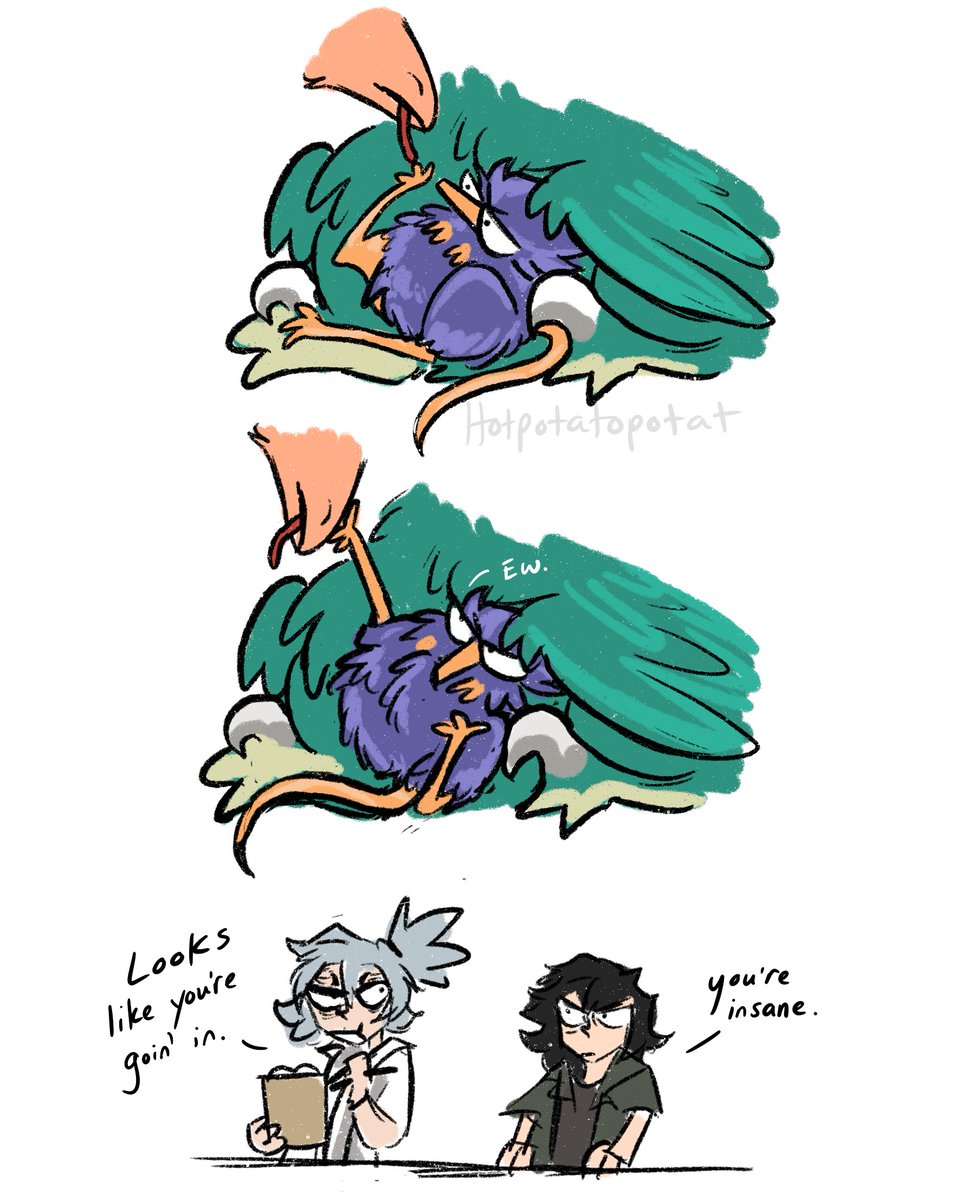 HotPotatoPotat's tweet photo. bkdk raptors return! 

Vet Tomura and Keeper Aizawa observe Bakugou and Deku raptor as they try to feed their new Shinsou baby. 

Tomura might be a bit unhinged and Aizawa is always solving his problems.😅They make a good team. https://t.co/4CdIdtTooL