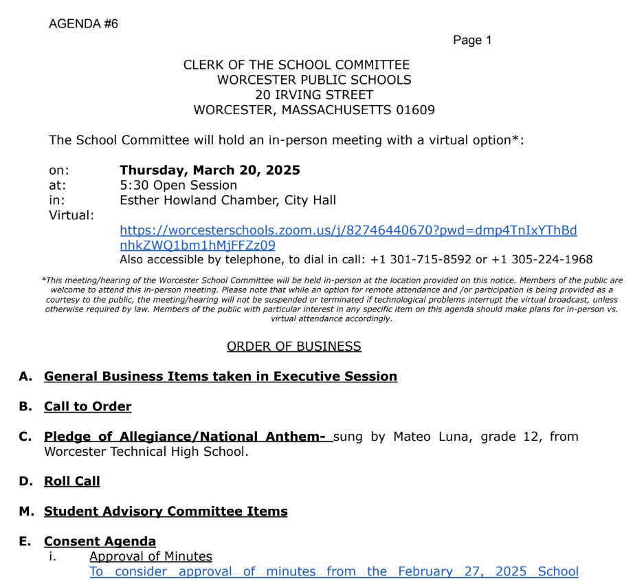 On the agenda for the Worcester School Committee tonight: Superintendent report on Special Education Program, bus policies, attendance rates, family engagement &amp; communications, OPEB trust fund report, increased math&amp;ELA achievement &amp; more: drive.google.com/file/d/1EJm8-g…… #WorcPoli