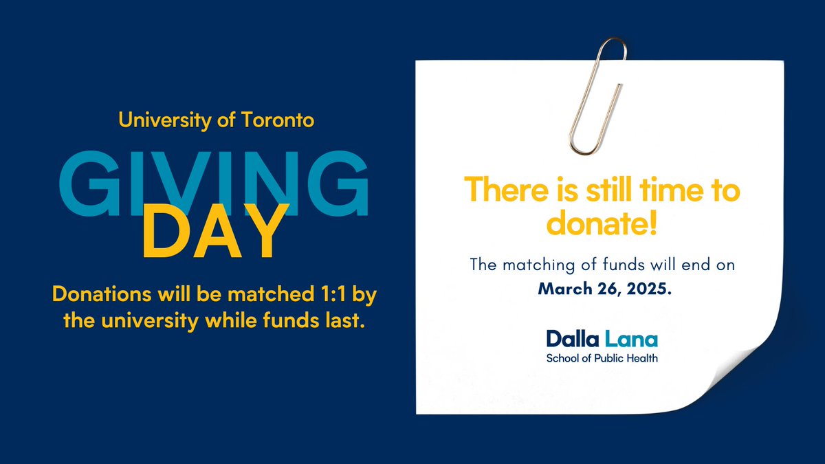 U of T Public Health (@uoft_dlsph) on Twitter photo Be a part of #UofTGivingDay and support future #publichealth leaders. Gifts will be matched 1:1 by <a href="/UofT/">University of Toronto</a> – while funds last, making an even bigger difference for students & community.
Â
Donate to IHPME: ow.ly/uzgR50VlUPt
Donate to PHS: ow.ly/Uatq50VlUPq Be a part of #UofTGivingDay and support future #publichealth leaders. Gifts will be matched 1:1 by <a href="/UofT/">University of Toronto</a> – while funds last, making an even bigger difference for students & community.
Â
Donate to IHPME: ow.ly/uzgR50VlUPt
Donate to PHS: ow.ly/Uatq50VlUPq