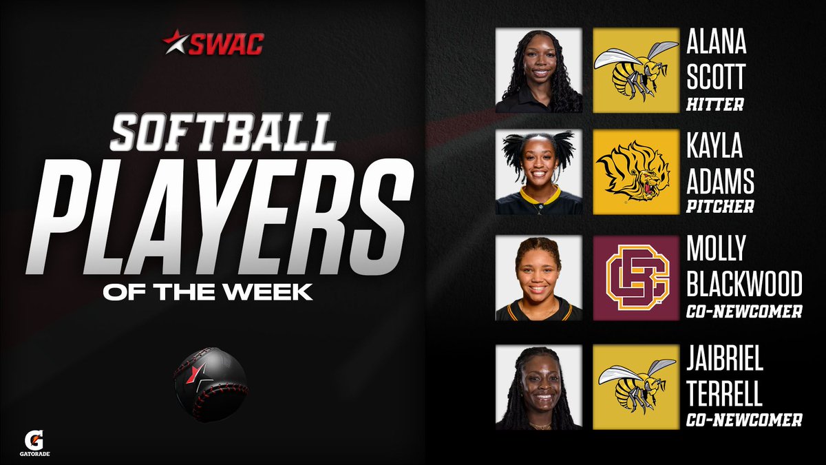 theswac's tweet photo. SWAC Softball Players of the Week: Mar. 20

@gatorade

🐝  Alana Scott, Hitter
🦁 Kayla Adams, Pitcher
🐱 Molly Blackwood, Co-Newcomer
🐝 Jaibriel Terrell, Co-Newcomer

#SWACSB | #BuildingChampionsForLife https://t.co/oO5bd4KApD