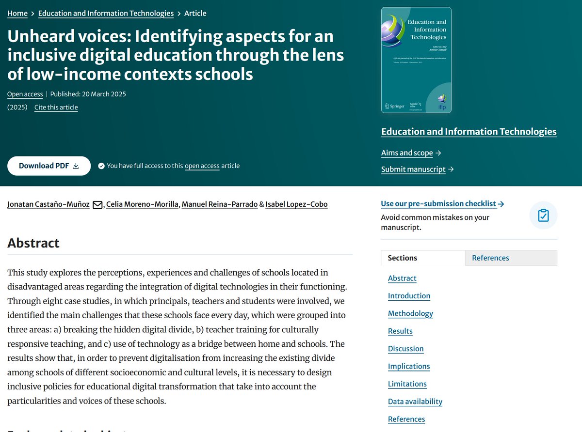 📢📢 New paper just  published at Education and Information Technologies: "Unheard voices:  Identifying aspects for an inclusive digital education through the lens  of low-income contexts schools"

🔗 Read the open access article here: link.springer.com/article/10.100…