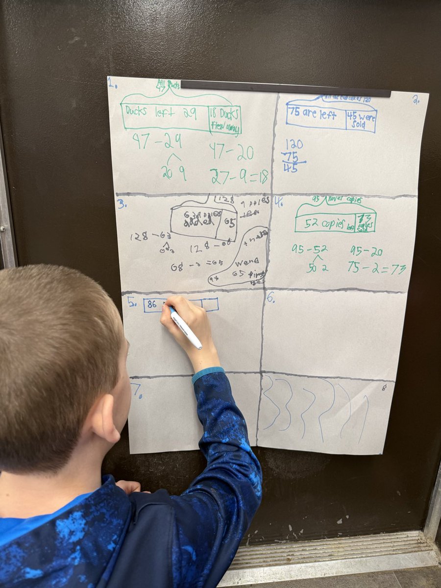 mrcdoublet's tweet photo. Me: “I like doing math while standing up.”
Student: “Me, too. It lets us stretch our legs while we get smarter.” ⁦@Woodman_Wolves⁩ students work in pairs to practice using bar models to solve story problems. ⁦@GEDSB⁩ https://t.co/JNVJop2QGL