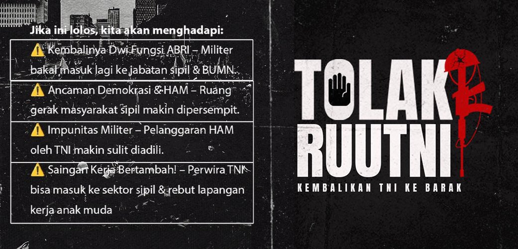 Kami warga Indonesia menolak adanya Revisi UU TNI. Mari suarakan #TolakRevisiUUTNI, karena negara ini sedang tidak baik-baik saja 

Dimulai dari kita dan kalian, sebarkan hingga suara kita terdengar

#TolakRUUTNI 
#PeringatanDarurat 
#IndonesiaGelap
#TolakDwifungsiABRI