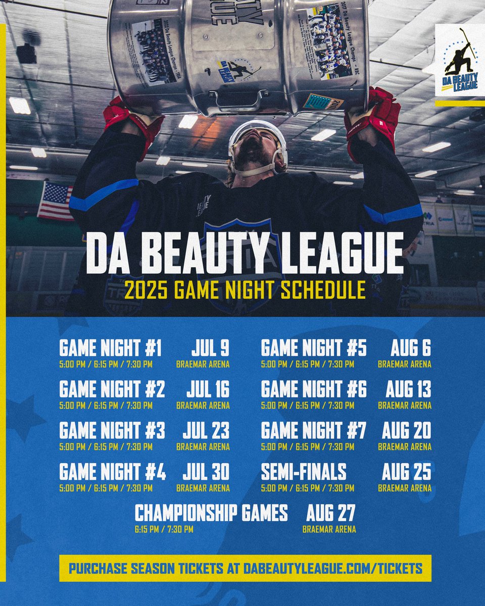 DaBeautyLeague's tweet image. The 2025 Da Beauty League schedule is here!
Starting July 9th, da beauties are back at Braemar Arena to battle it out for the coveted John Scott Cup 🏆
GET TICKETS: dabeautyleague.com/tickets