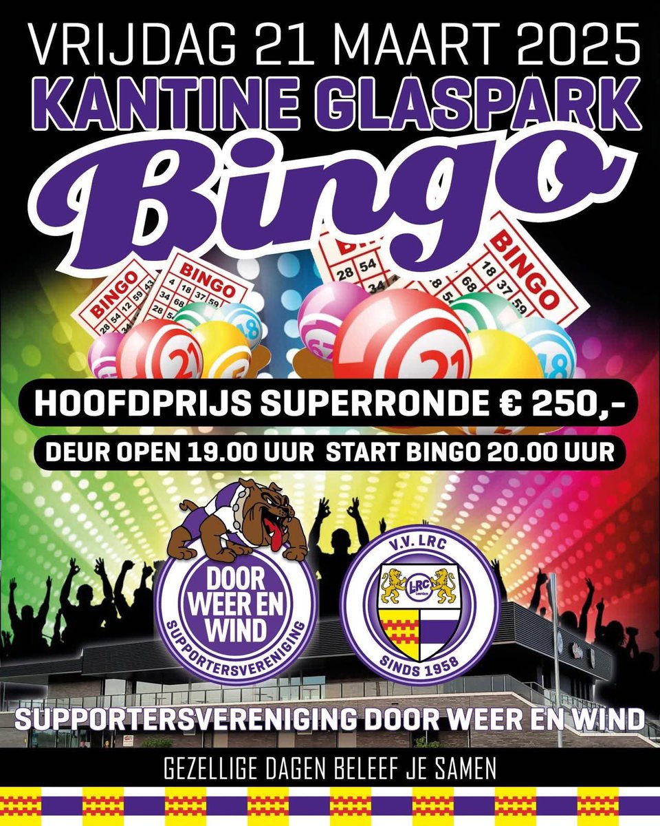 vrijdag is het weer BINGO-tijd bij LRC Leerdam 
Glaspark-zaal open om 19.00 uur
Aanvang om 20.00uur